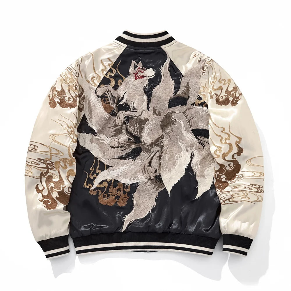 High Quality Fashion Anime Fox Embroidered Zipper Jacket Autumn Streetwear Hip Hop Men's Harajuku Japanese Baseball Coat