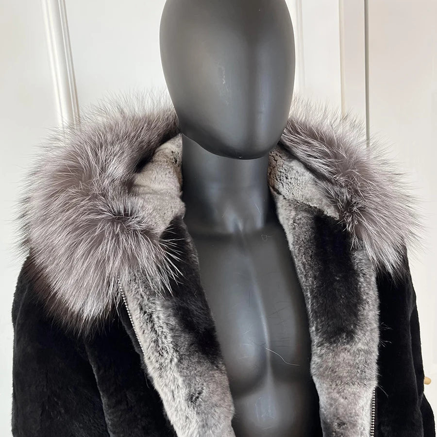 Men Rabbit Fur Coat Winter Short Real Rex Rabbit Fur Jacket With Hood Black Fur Coats Chinchilla Fur