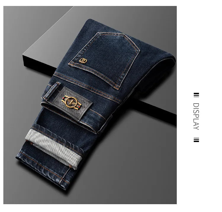 Light Luxury Blue Jeans Men's Autumn and Winter Thick 2024 New Simple and Versatile Casual Stretch Slim High-End Trousers