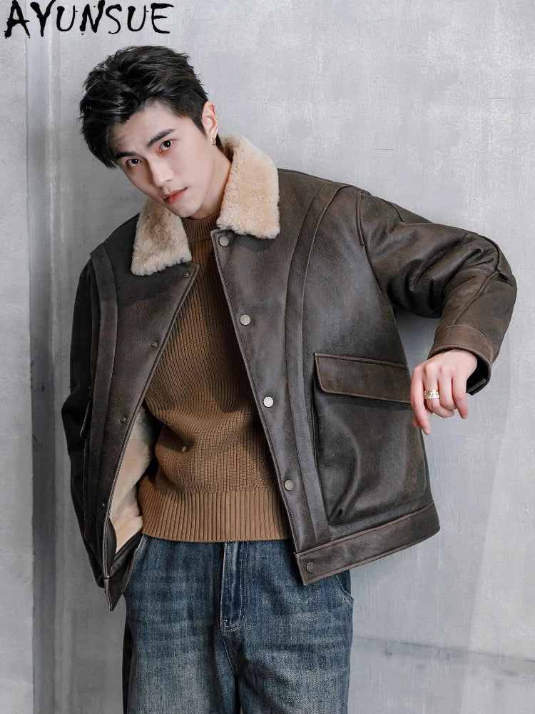 AYUNSUE Natural Sheepskin Fur Coat Men Autumn Winter New Short Real Wool Man Vintage Leather Jacket Motorcycle Fur Coats Jackets