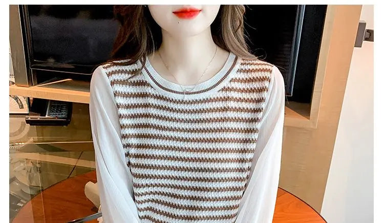 Patchwork Striped Fake Two Pieces Blouse Spring Autumn Long Sleeve O-neck Korean Shirt Tops Fashion Temperament Women Clothing