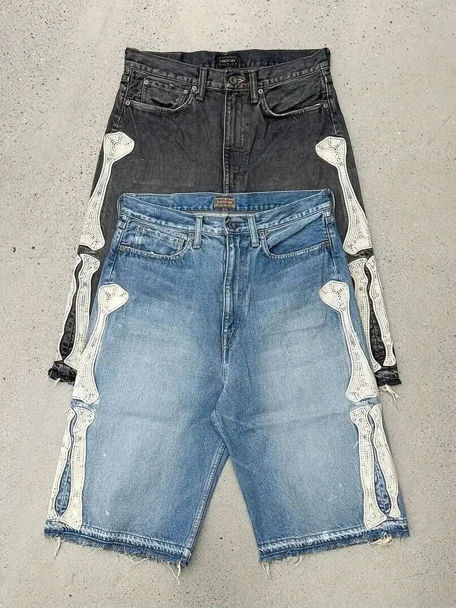 Mens Denim Shorts With Bone Applique Casual Summer Style