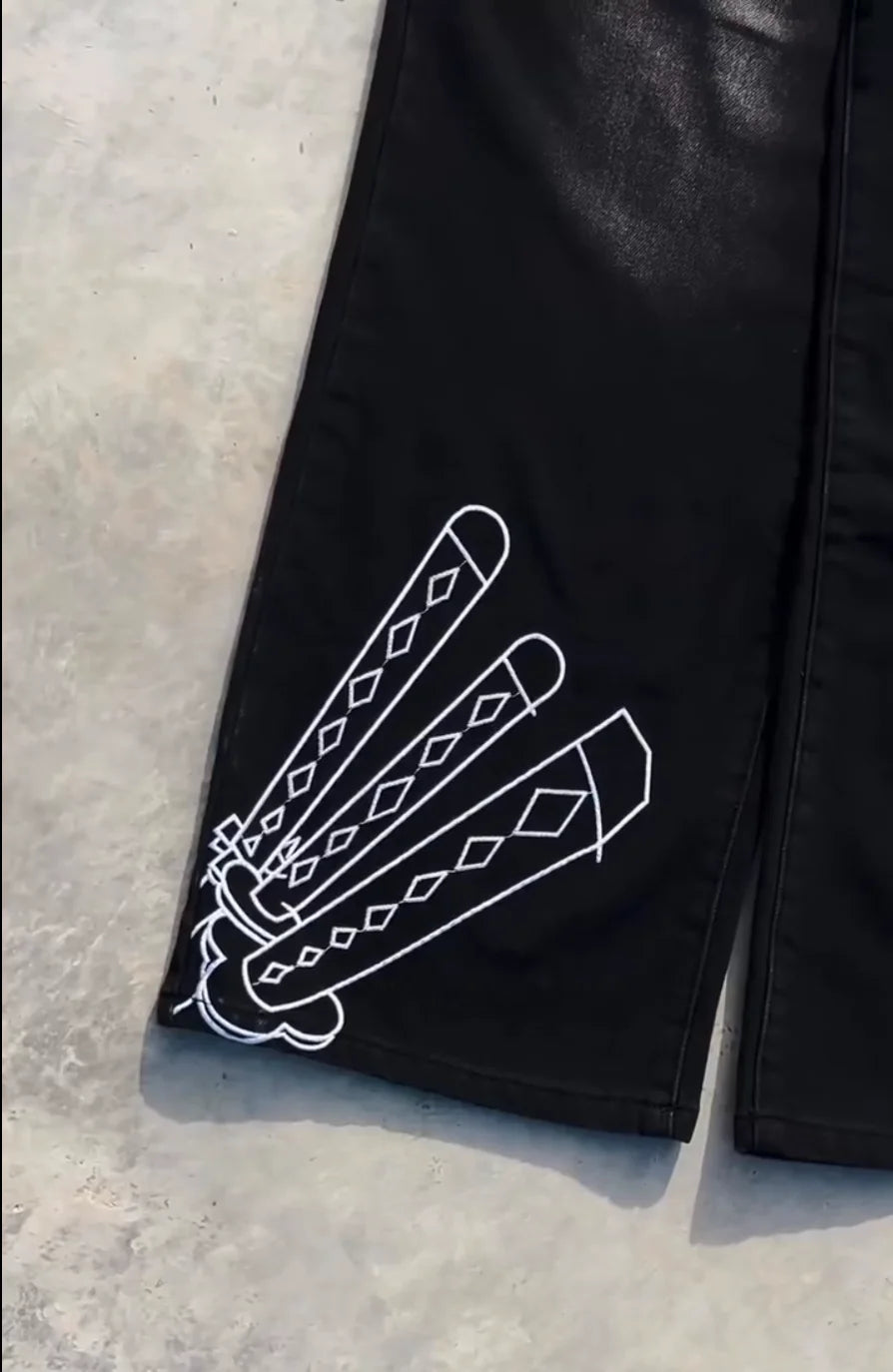 Vintage Japanese Cartoon Embroidery Men Hip Hop Jeans Y2k Retro Baggy Straight Denim Pants Streetwear Gothic Rock Work Jeans