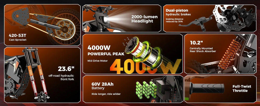 Fat E-Bike 60V 28Ah Off-Road E-Motorcycle 50 MPH 4000W Electric Dirt Bike US