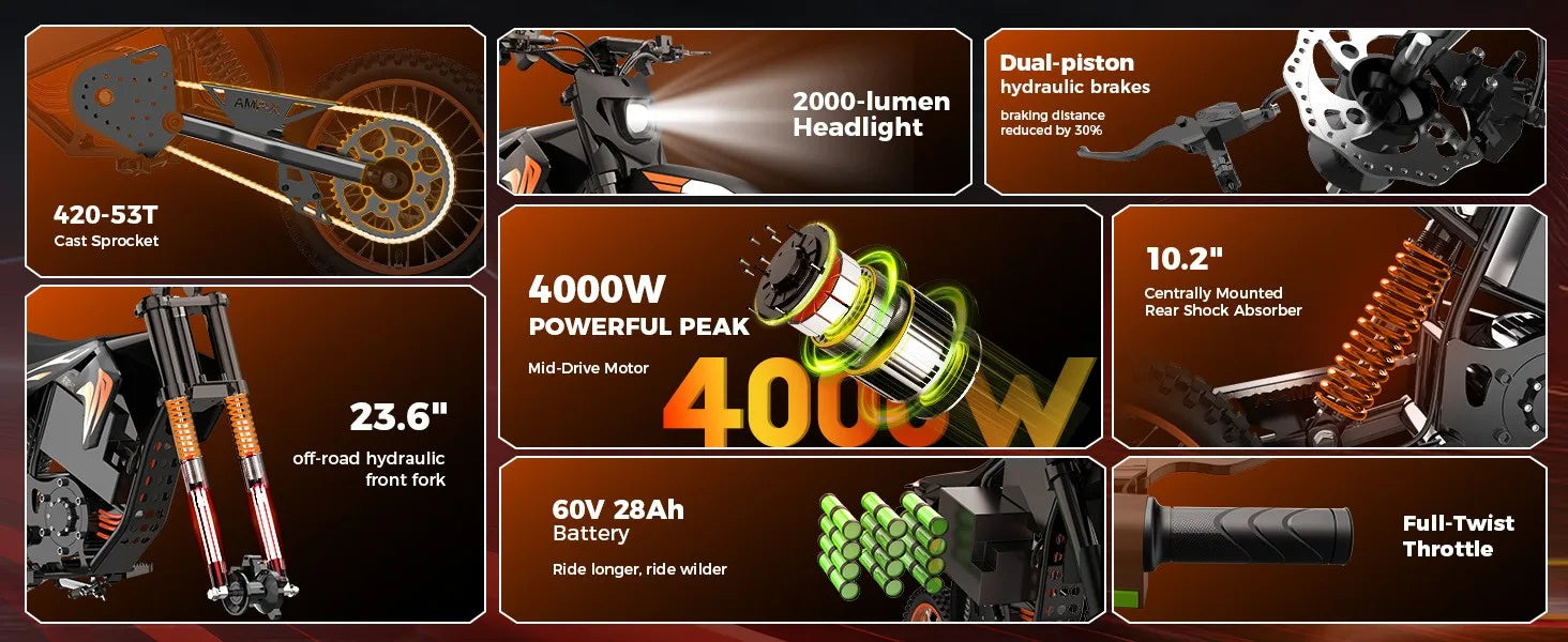 Fat E-Bike 60V 28Ah Off-Road E-Motorcycle 50 MPH 4000W Electric Dirt Bike US