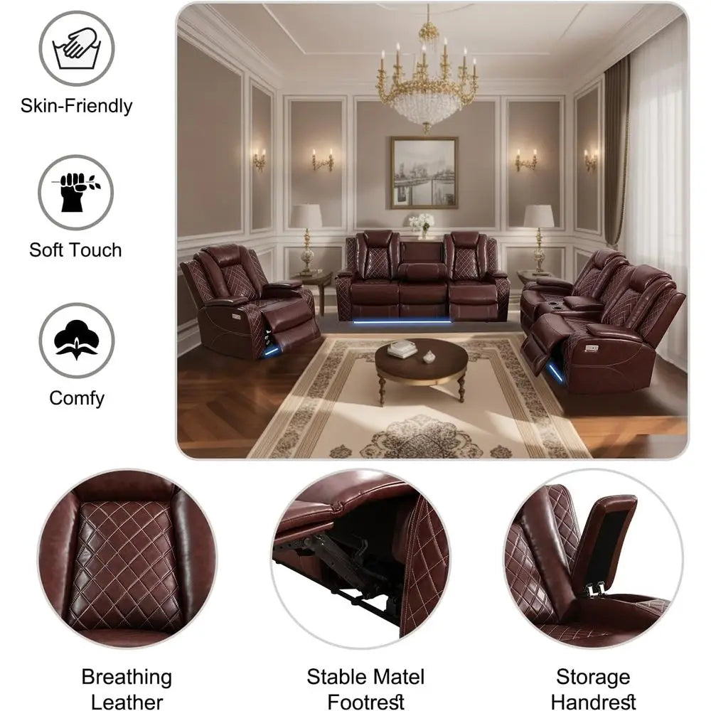 Leather Power Reclining Sectional Sofa with LED, Storage, Cup Holders, and USB Ports