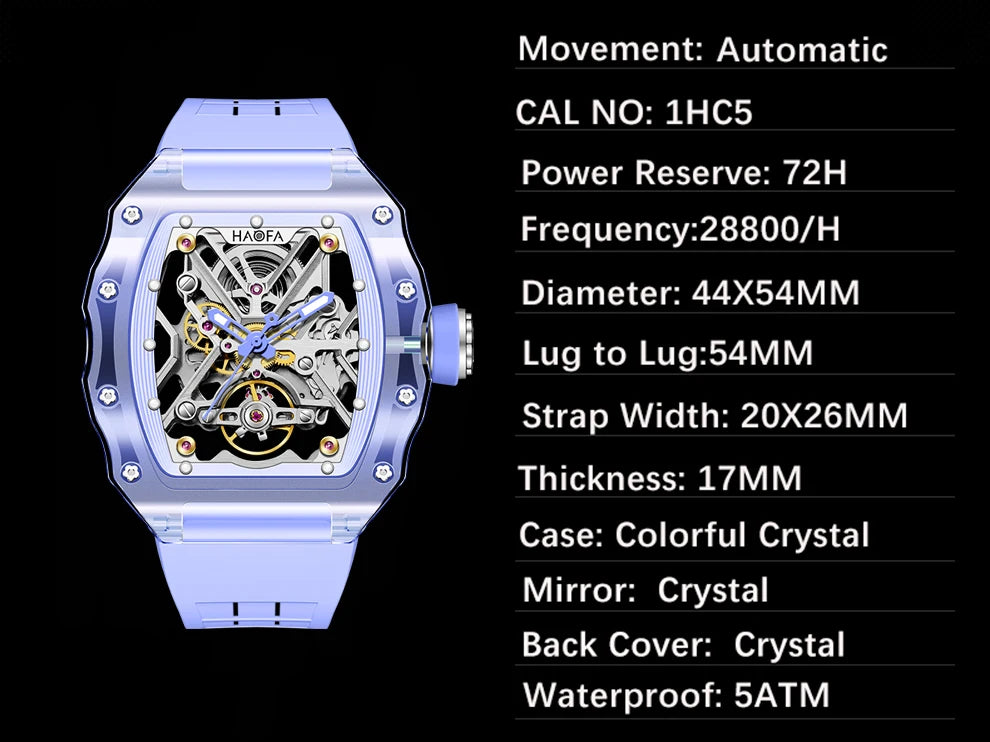 Haofa Crystal Case Automatic Man Watch 72H Power Model Skeleton Dial Self Wind Mechanical Movement Wristwatch Luxury 2203