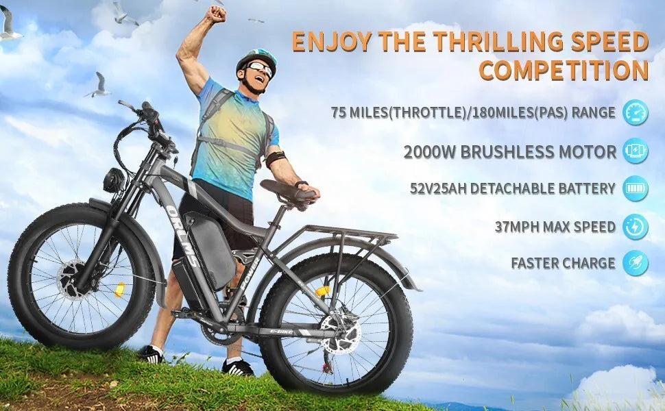 Dual Motor ELECTRIC BIKE 3000W 52V 25AH UP TO 37MPH E-bike 24" Fat Tire 7 SPEED