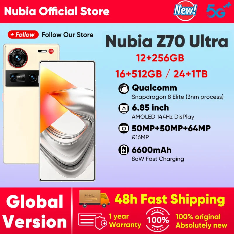 Global Version Nubia Z70 Ultra NX733J 5G Smartphone Snapdragon 8 Elite 6.85" 144Hz AMOLED Display 6150mAh 80W Fast Charge IP69