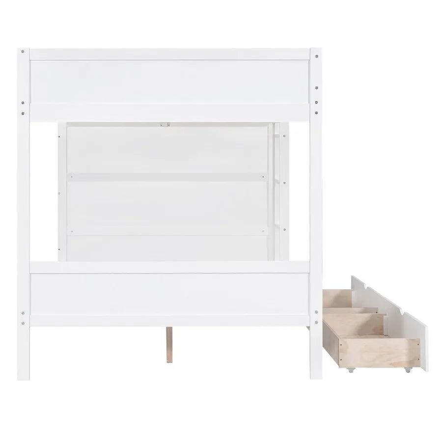 Full over Full Bunk Bed With 2 Drawers and Multi-layer Cabinet White