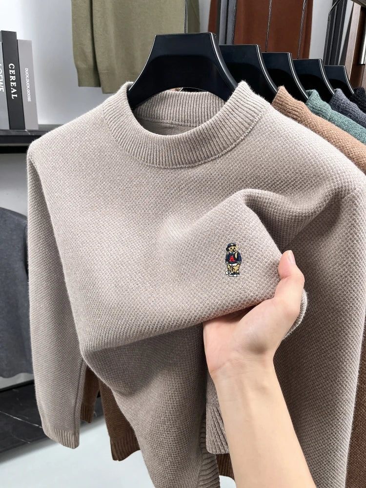Fashion cartoon teddy bear embroidery knitted sweater high neck pullover luxury brand plush warm autumn winter casual men's wear