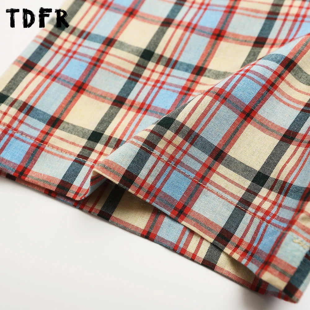 Cartoon Embroidery Short Sleeve Checked Shirt Mens Summer Retro Casual Spliced Lapel Single Breasted Half-Sleeve Plaid Shirts