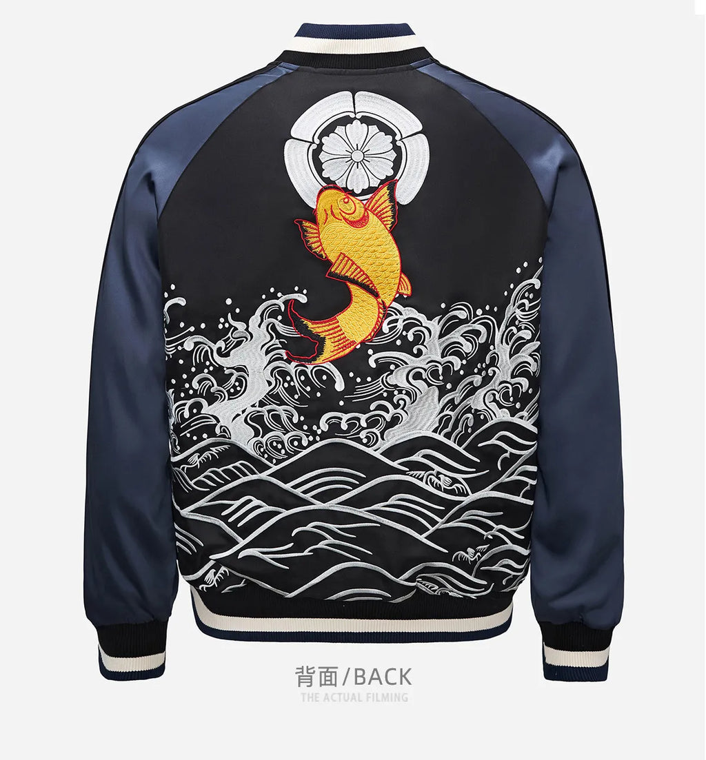 Japanese Sukajan Koi Fish Embroidered Satin Bomber Jacket Wave Print Varsity Jacket Men's and Women's Baseball Jackets