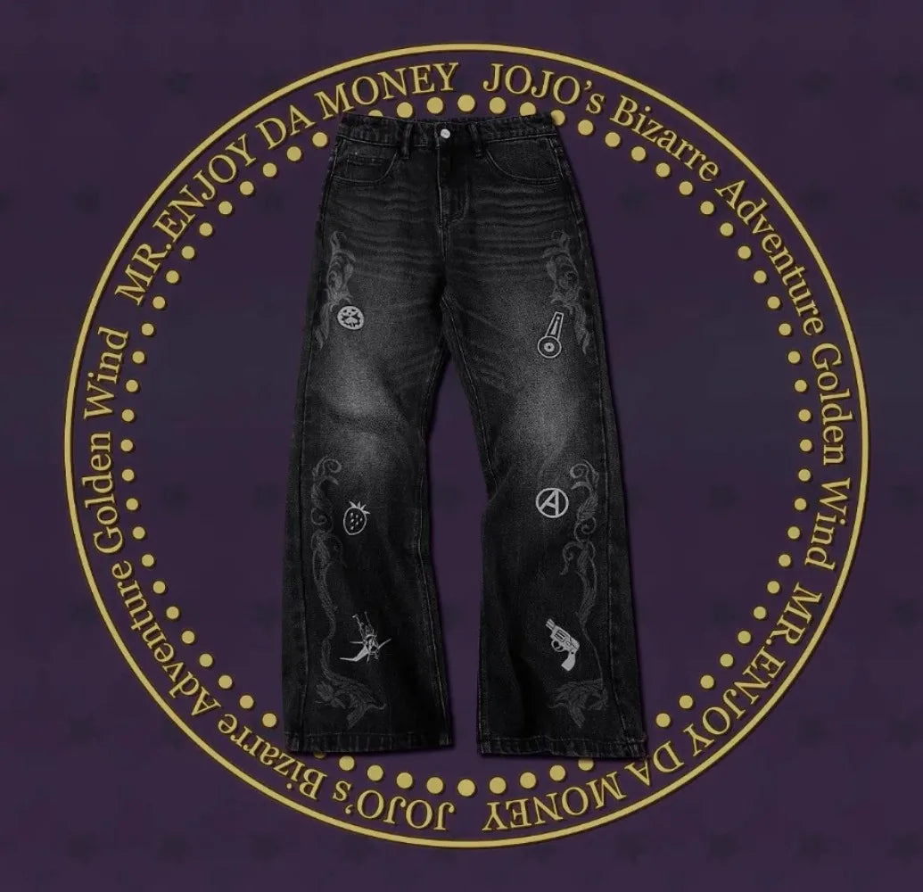 JoJo's Bizarre Adventure Black Flared Jeans Men Embroidery Streetwear Loose Casual Washed Denim Pants Anime Inspired Trousers