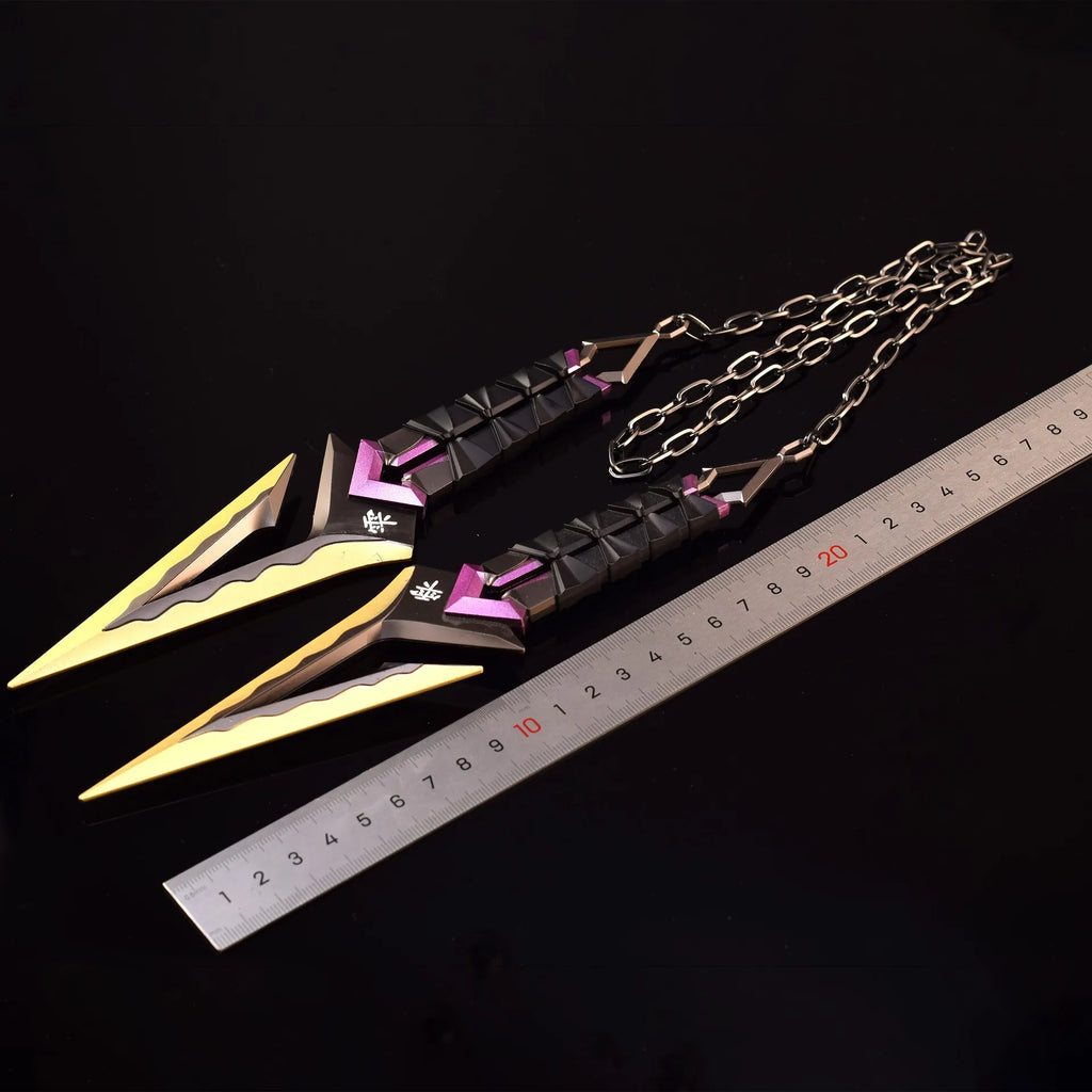 16cm Kuronami no Yaiba Gold Purple Red Double Kunai Keychain VALORANT Game Peripheral All Metal Ninja Kunai Model Ornament Craft
