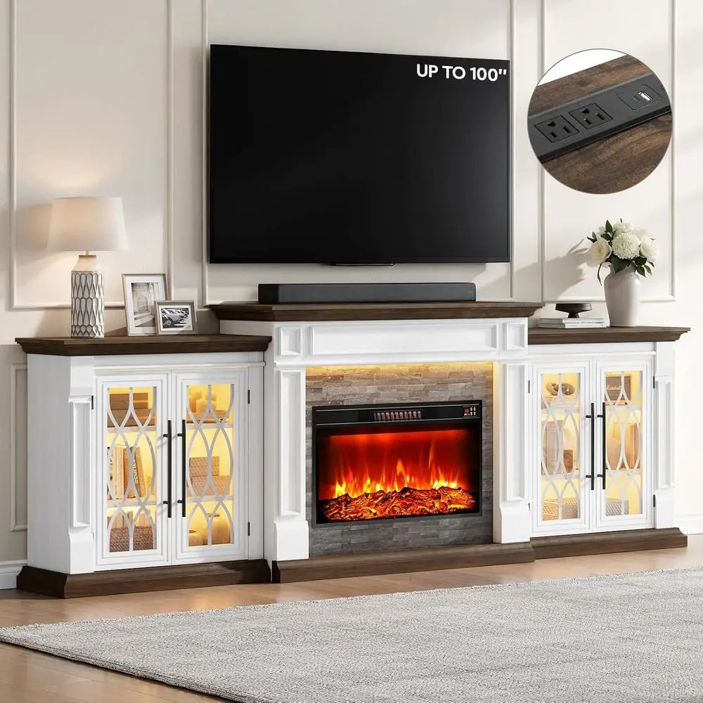 100 LED TV Stand with Outlet, Electric Fireplace, Mantel, Entertainment Center, 30 Heater Insert, 3D Flame Effect, Customized