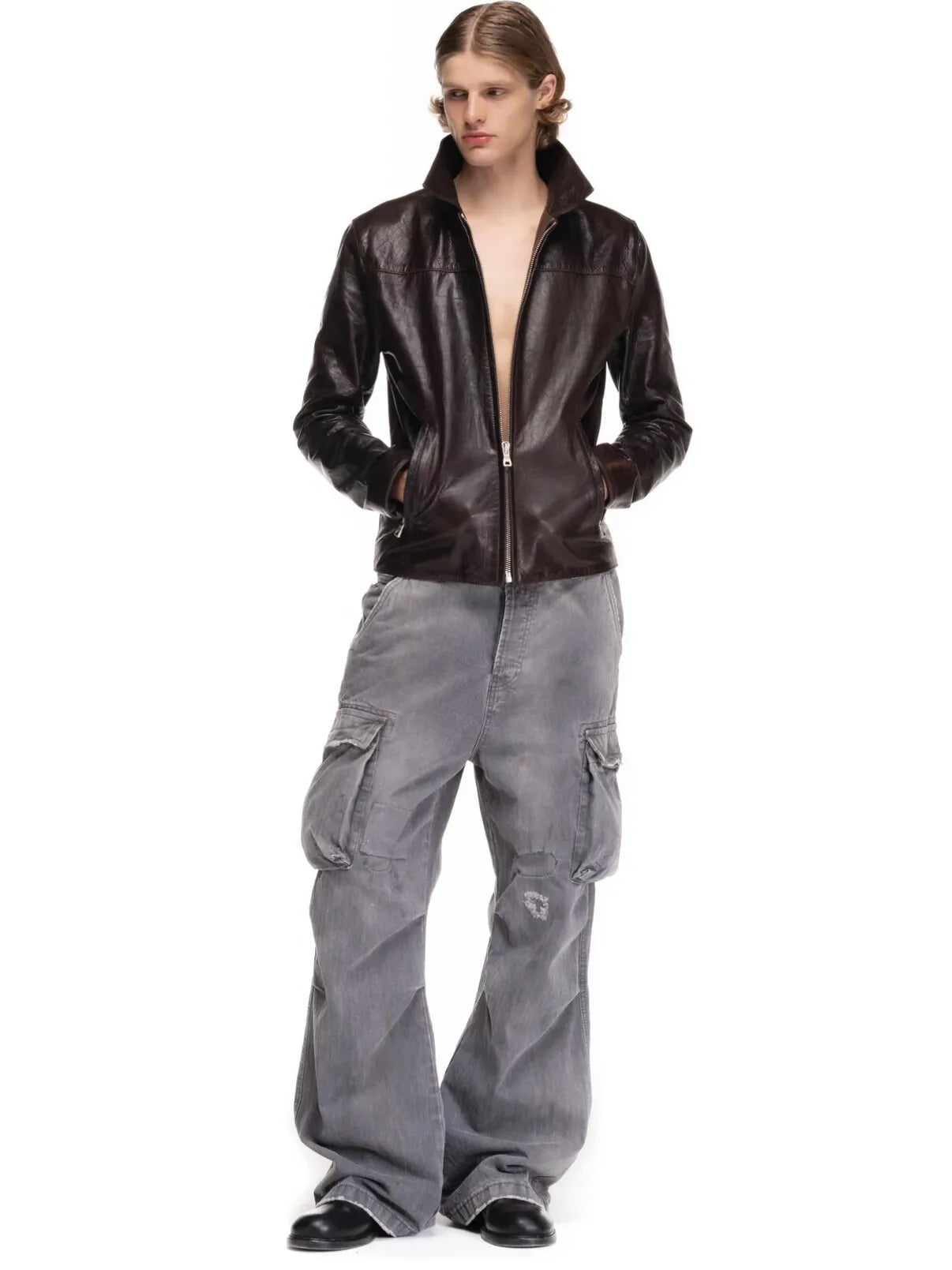 No faith studios herringbone twill grey ripped patch paint multi-pocket overalls