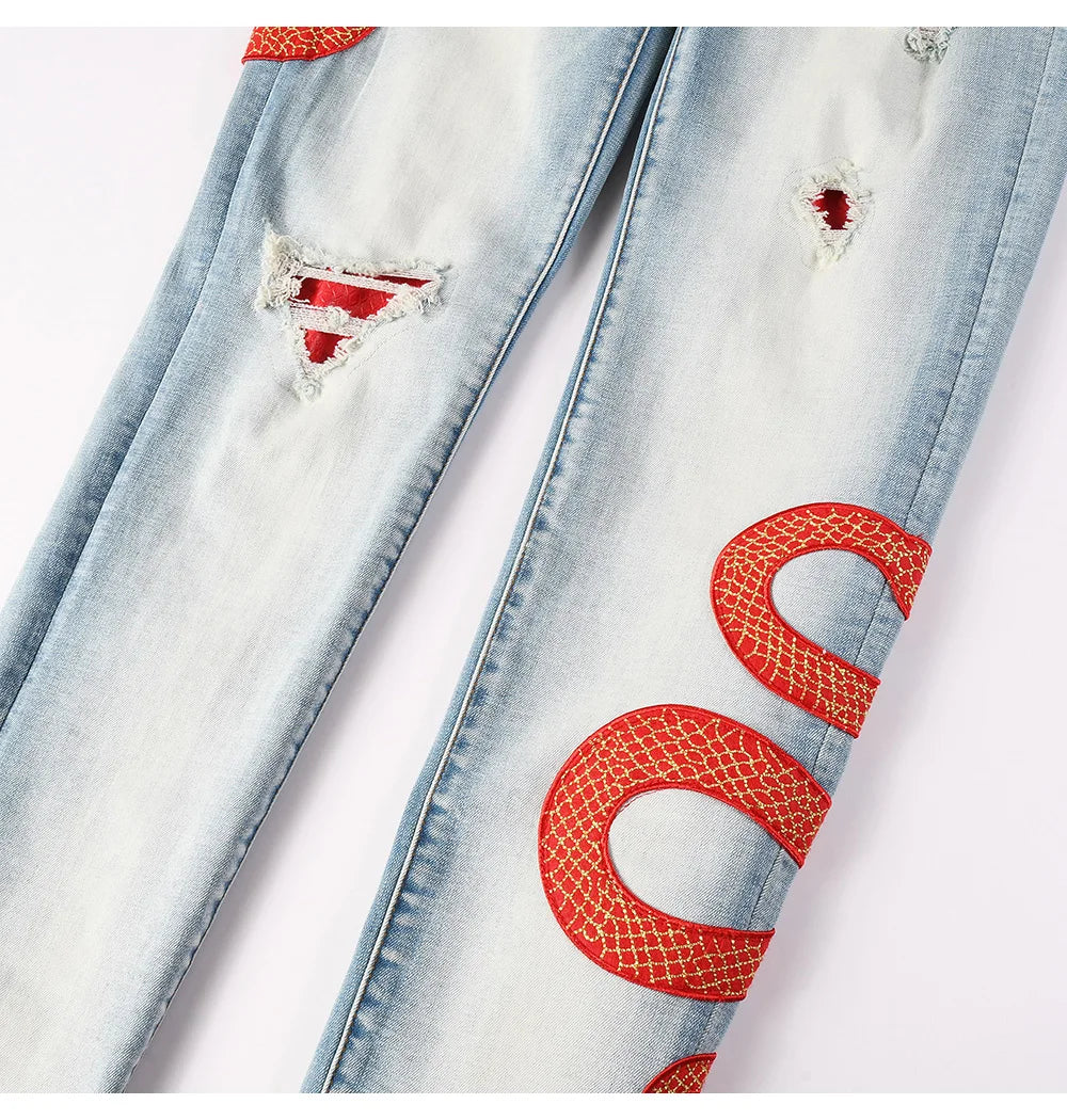 Men's Snake Embroidery Skinny Jeans Streetwear Red Leather Patch Pants Holes Ripped Distressed Denim Tapered Trousers