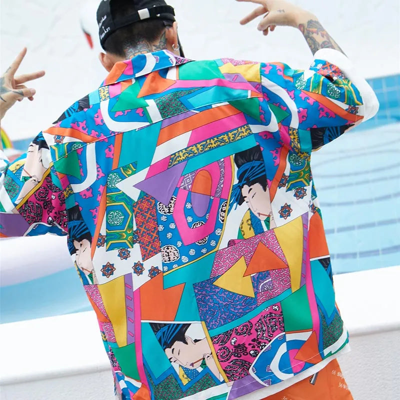 Men Loose Hip Hop Shirt Harajuku Japanese Ukiyo E Anime Shirt Short Sleeve Top Hawaiian Shirt Casual Streetwear Thin Summer 2025