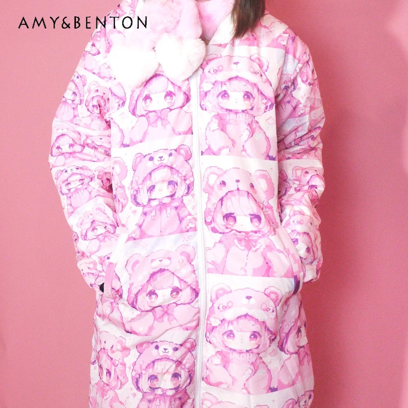 Original Design Cartoon Anime Print Stand Collar Women's Cotton Jacket Winter New Loose Down Coat Cute Thickened Coats Ladies
