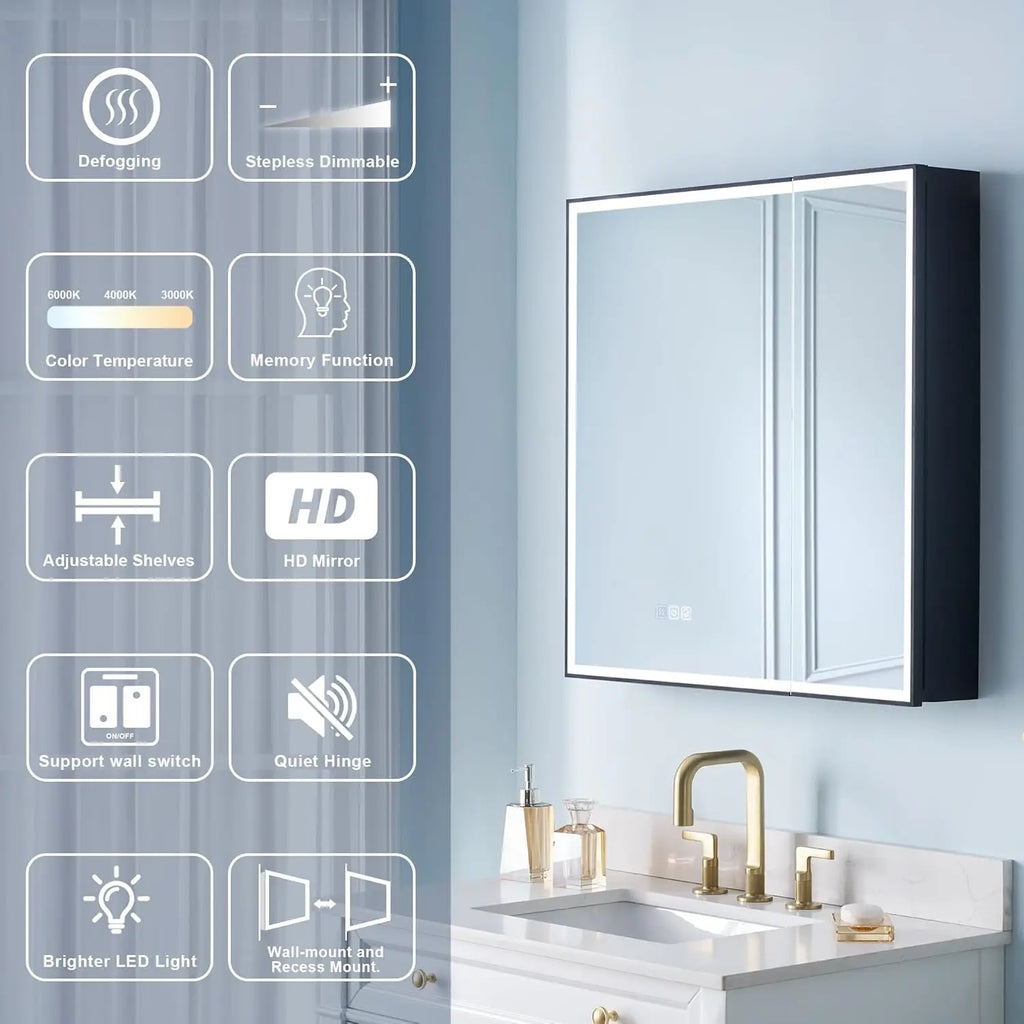 30" X 30" LED Mirrored Medicine Cabinet, Medicine Cabinets with Lights for Bathroom, Defogging Function Mirror, Customized