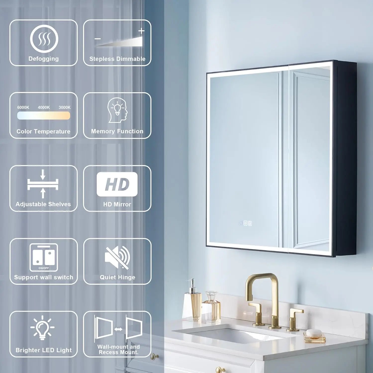 30" X 30" LED Mirrored Medicine Cabinet, Medicine Cabinets with Lights for Bathroom, Defogging Function Mirror, Customized