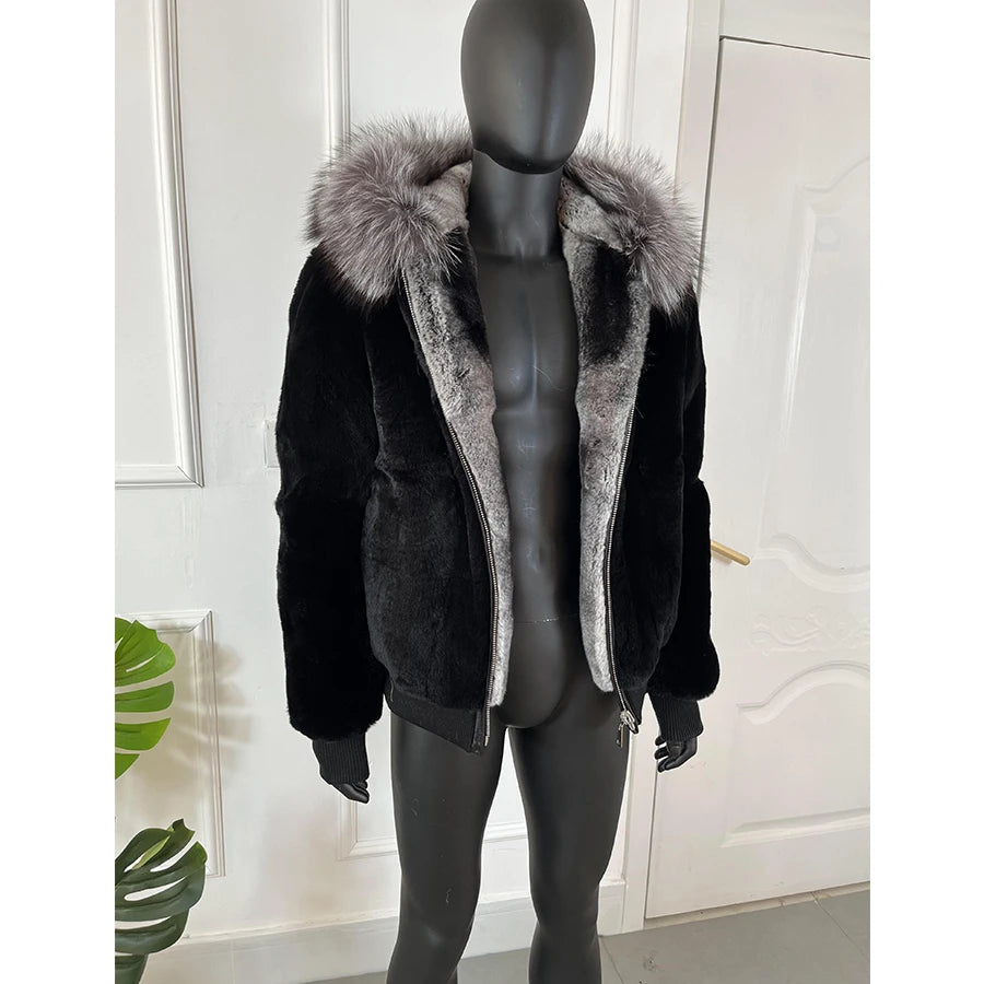 Men Rabbit Fur Coat Winter Short Real Rex Rabbit Fur Jacket With Hood Black Fur Coats Chinchilla Fur