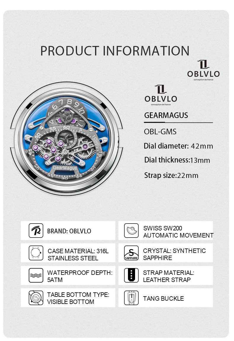 OBLVLO Men Automatic Watch 42MM Mechanical Wristwatch Luminous 50m Waterproof Sapphire Unique Concept Gear Dial SW200
