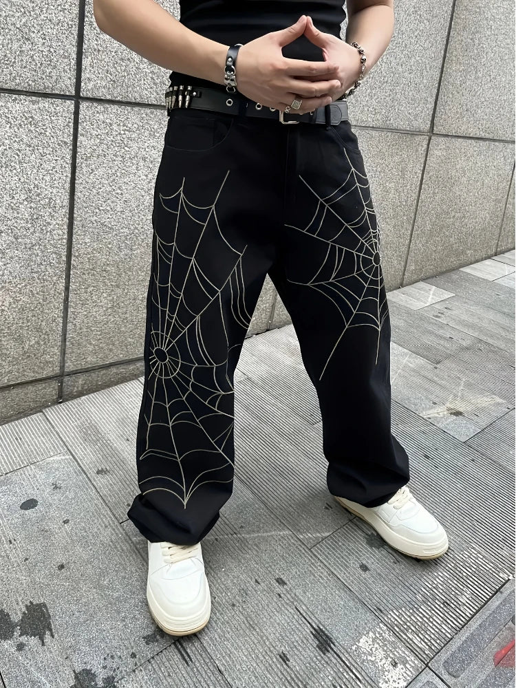 Men's Black Jeans Spider Web Printing Loose Wide Leg Casual Daily Trousers High Street Fashion Trendy Streetwear Denim Pants