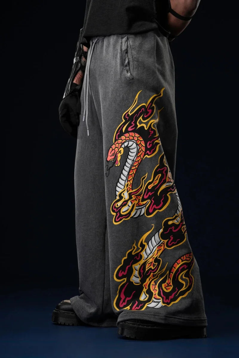 Y2K Retro Harajuku Jeans Flame Dragon Snake Graphic Printing Baggy Pants Wide Leg Sweatpants Vintage Men Women Streetwear