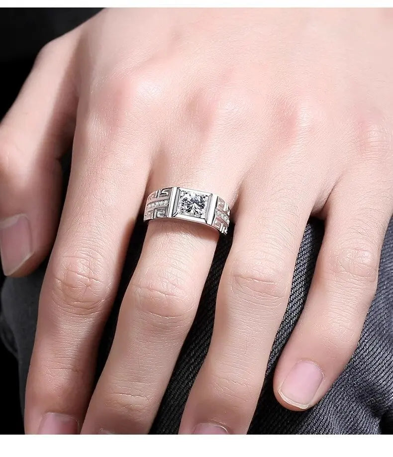 Luxury PT950 Platinum Men's Greek Key Square Moissanite Pave Engagement Wedding Ring Adjustable Band Anniversary Gift Jewelry Sp
