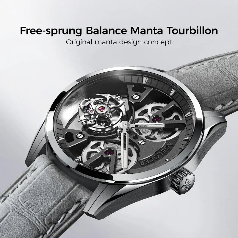 AGELOCER Free-sprung Balance Manta Tourbillon Watch Gold Watch Men's Luxury Skeleton Manual Mechanical Watch Gifts for Men