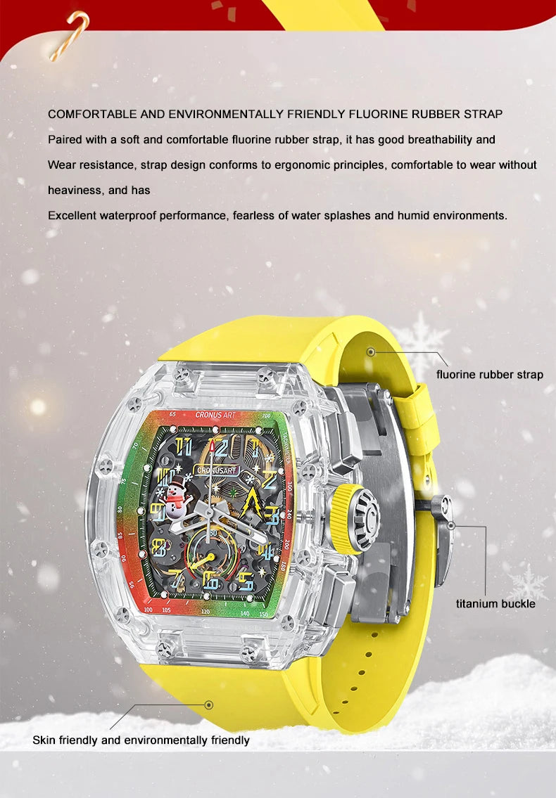 CRONUSART Men Chronograph Watch Tonneau Mechanical Wristwatch Sapphire Case Luminous Fluororubber Strap Christmas Limied Edition