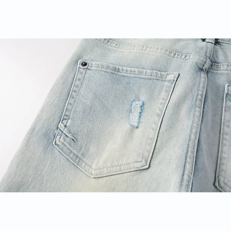 Men's High Street Distressed Light Indigo Stretch Skinny Button Fly Ripped Jeans Pants