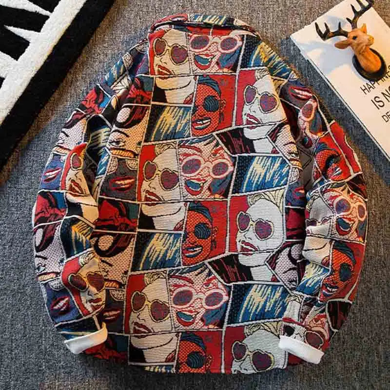 Japanese Cartoon Anime Shirt Men Long-sleeved Korean Streetwear Autumn High-end Handsome Jacquard Shirt Casual Blouse Jacket
