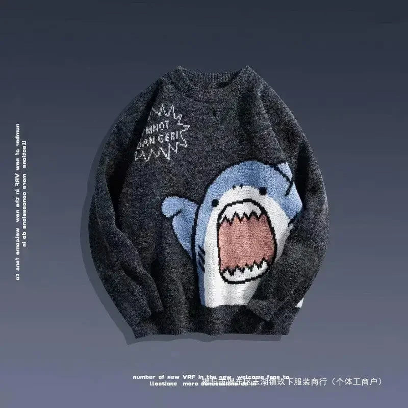 Autumn/Winter Japanese Cartoon Shark Round Neck Couple Sweater Men's Trendy Brand Loose-Fit Korean Knitted Top Hong Kong Style