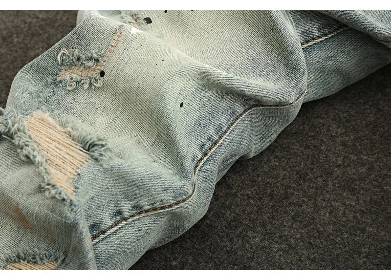 High Street Fashion Men Jeans Retro Washed Blue Stretch Slim Fit Ripped Jeans Men Painted Designer Vintage Denim Pencil Pants