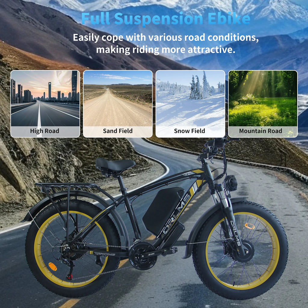 ORLMS TS60 Adult Electric Bicycle 1000W*2 Motor Men's E-bike  60V25AH Battery E-bike 26" Fat Tire Men's E-Mountain ebike
