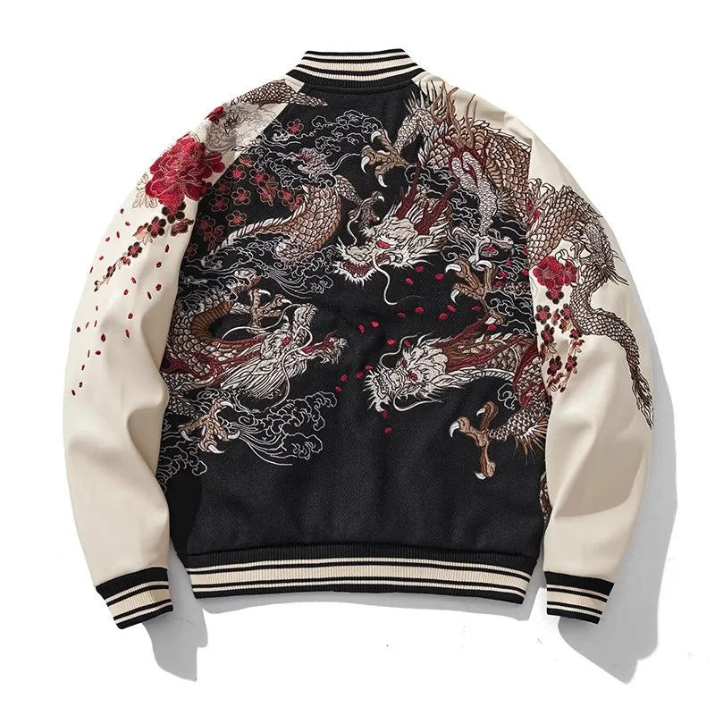 Streetwear Japanese Sukajan Souvenir Baseball Jacket 2025 Autumn Chinese Dragon Embroidered Woolen Patchwork Jacket Coat