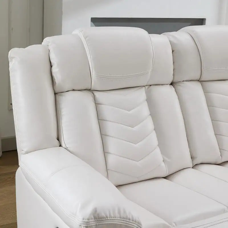 Power Reclining Sofa Set, 3-Piece Tech Leather Loveseat with Wireless Charger and LED Strip for Living Room, White Color