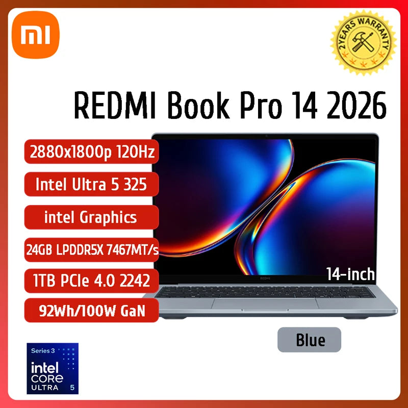 2026 New Xiaomi REDMI Book Pro 14 Laptop Ultra5-338H/Ultra7-358H 32GB+1TB 14inch 2.8K 120Hz Screen Blue Notebook Xiaomi