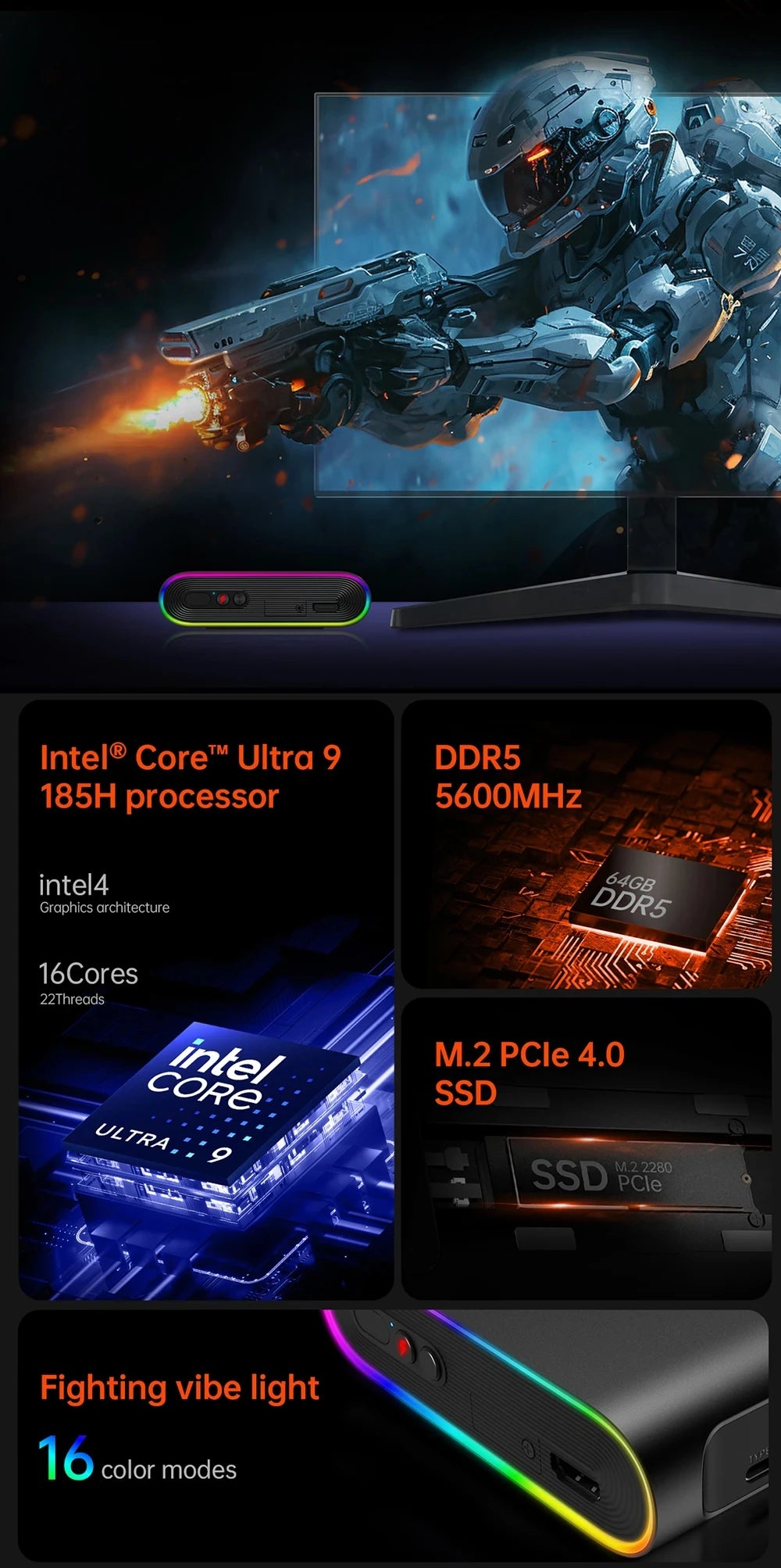 OneX M1 Mini PC Intel Ultra 9 185H Pocket Gaming Desktop Windows 11 RGB WiFi BT Office Home HTPC Portable Small Computer Host