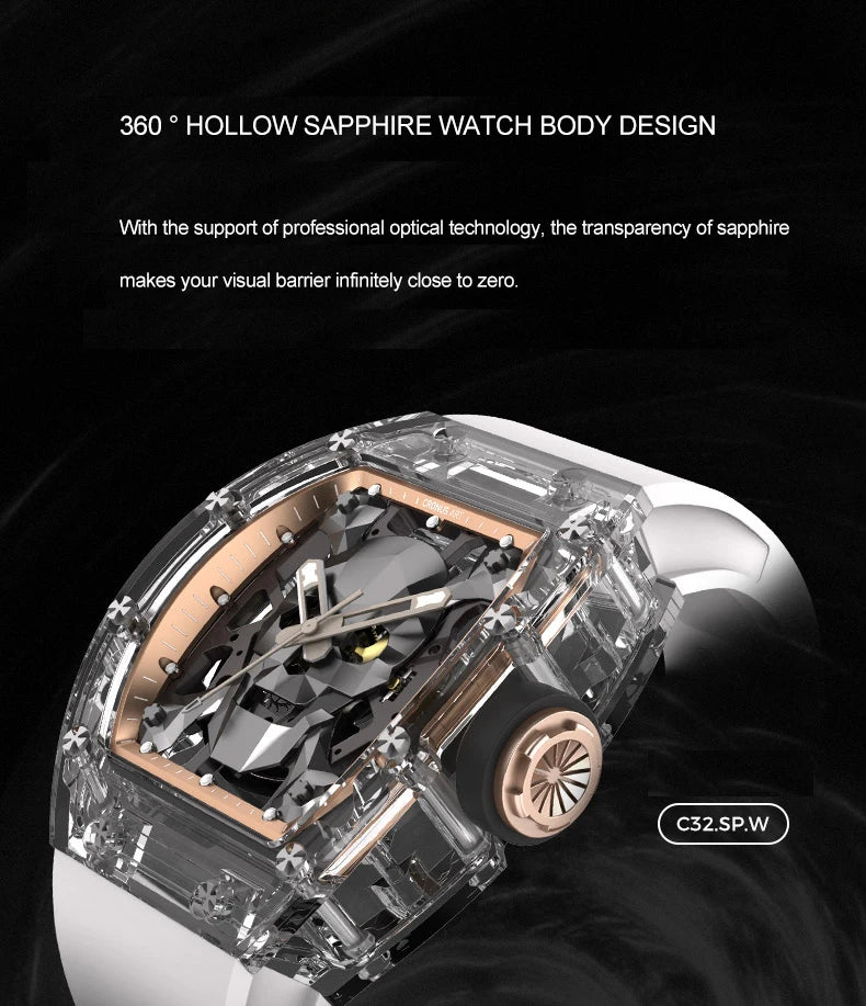 CRONUSART Men Automatic Watch 50mm Tonneau Mechanical Wristwatch Sapphire Case & Mirror Luminous Fluororubber Strap Skull Dial