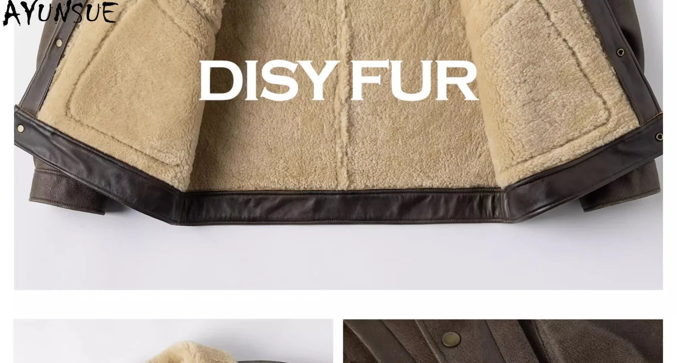 AYUNSUE Natural Sheepskin Fur Coat Men Autumn Winter New Short Real Wool Man Vintage Leather Jacket Motorcycle Fur Coats Jackets