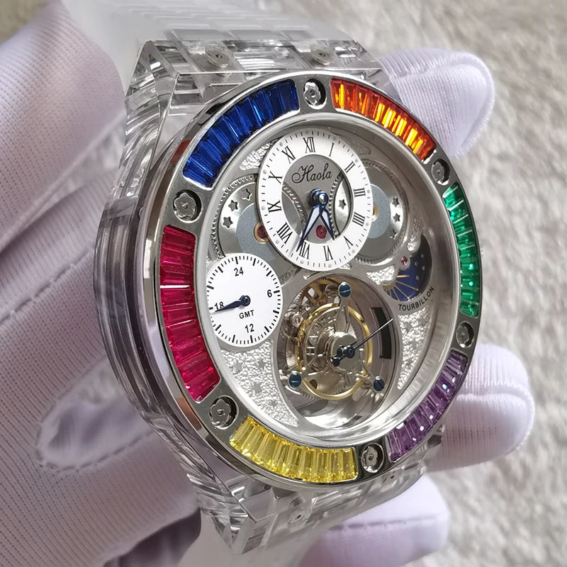 Haofa GMT Tourbillon Man Watch 2101 Luxury Rainbow Crystal Day And Night Manual Tourbillon Mechanical Men Watches Sapphire