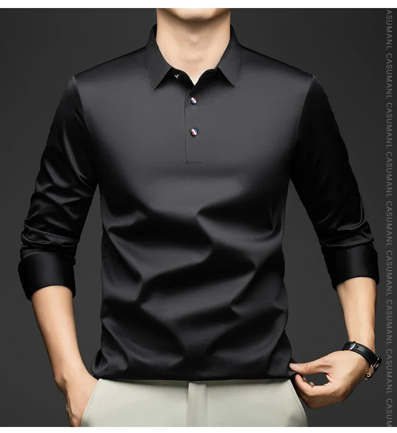BROWON 2025 Spring Autumn Casual Work Tops Man Tshirt Long Sleeve Solid Color Soft Elegant Business Mulberry Silk T Shirt Man