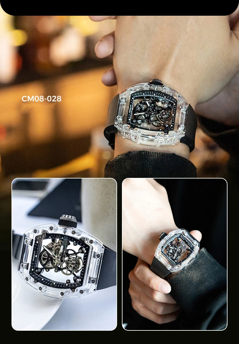 CRONUSART Men Tourbillon Watch Luxury Tonneau Automatic Mechanical Wristwatch Sapphire Case Luminous Fluororubber Strap Skeleton