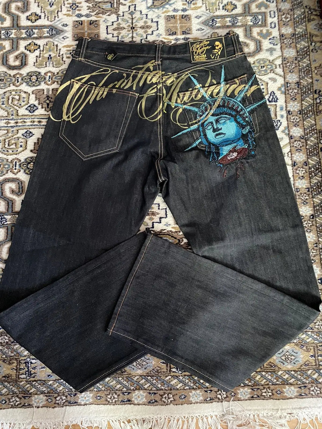 Y2k 2000s Statue of Liberty Diamonds Denim Pants Women Casual High Waist Straight Wide Leg Jeans Harajuku Vintage Women Clothing