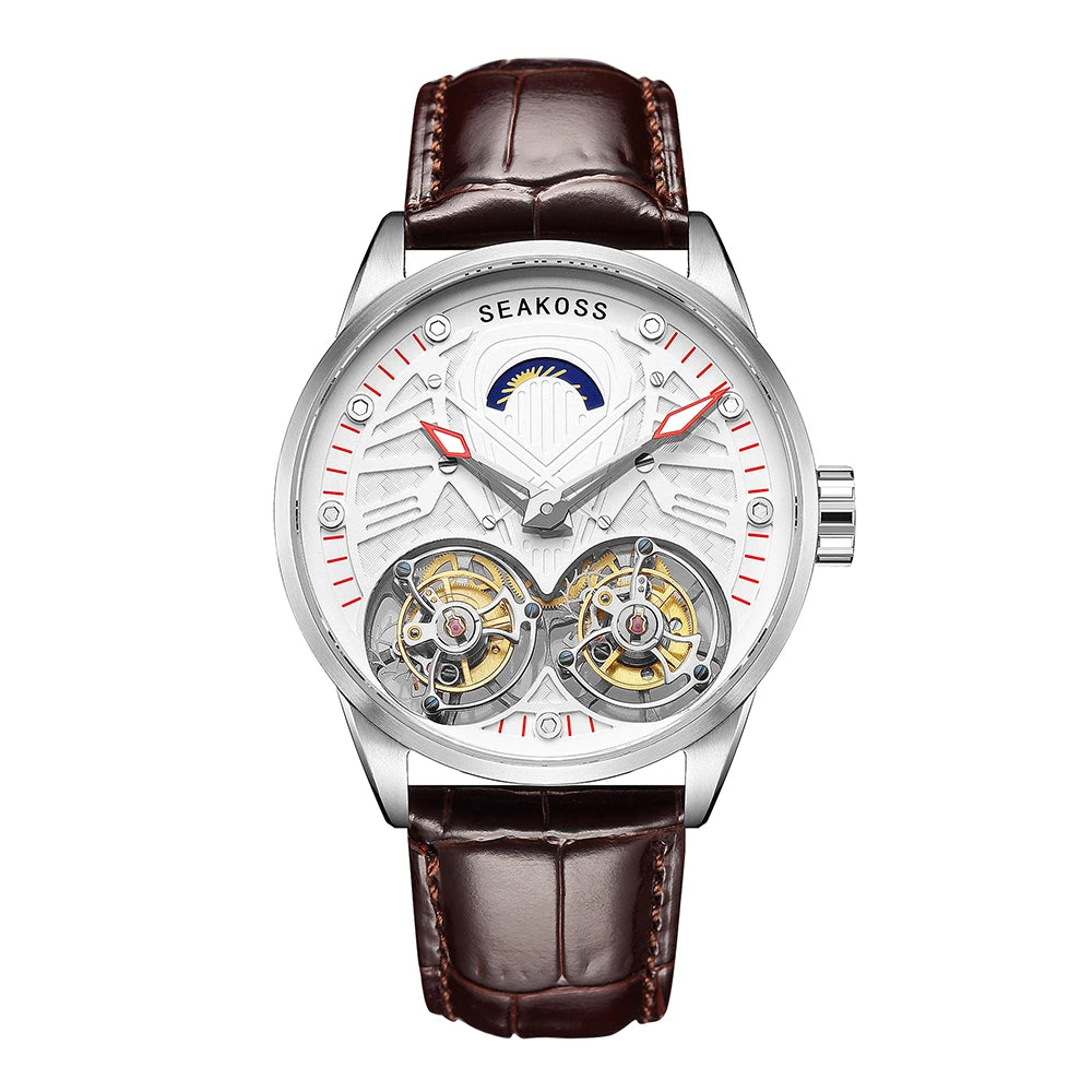SEAKOSS Luxury Skeleton Men's Tourbillon Manual Mechanical Watches Double Tourbillon Luminous Hands Watch for Men Sapphire Glass
