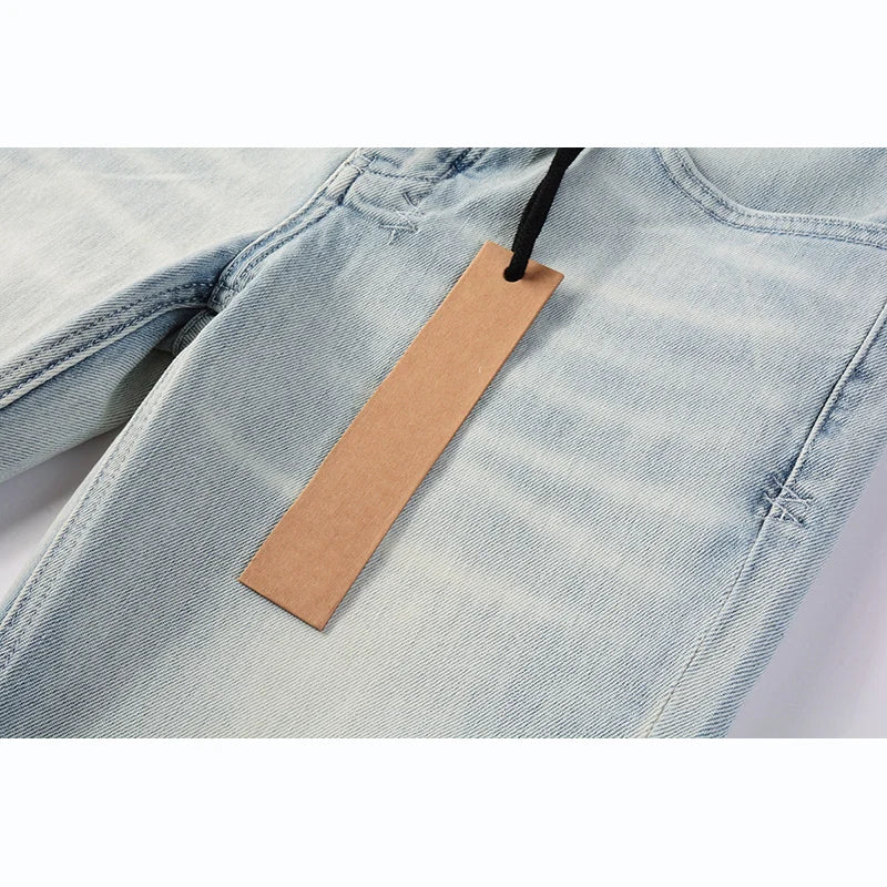Men's High Street Distressed Light Indigo Stretch Skinny Button Fly Ripped Jeans Pants